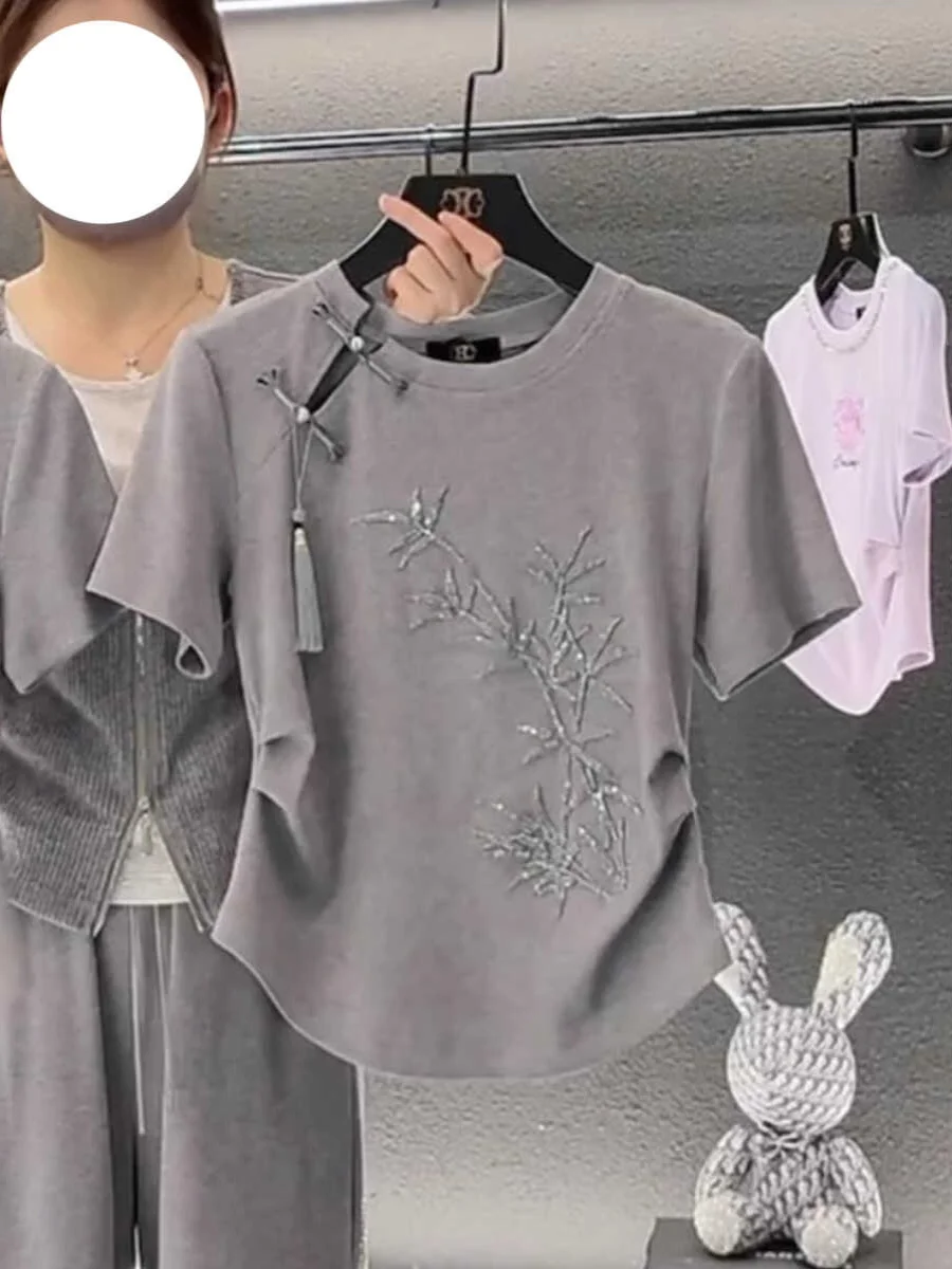 New Chinese Style Bamboo Garden Button T-Shirt Women's Summer Vintage Commute Gauze Waist Cinching Half Sleeve Top