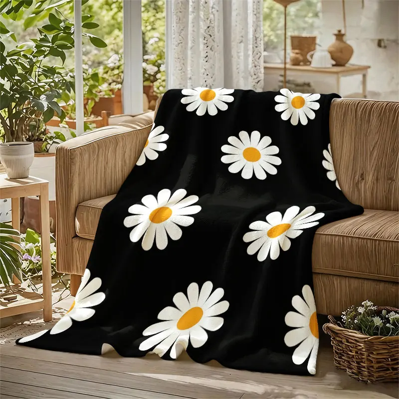 Black White Daisy Print Flannel Blanket Warm Soft Halloween Christmas Decorative Couch Warm Cozy All-Season Gift