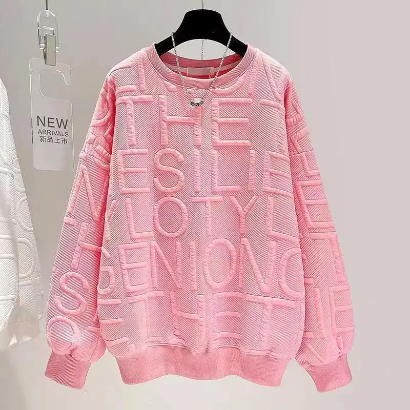 Women Autumn Chic Loose O-Neck Letter Sweat Loose Solid Casual All-Match Lantern Sleeve Top Youth Vitality Sport Sweet Pullover