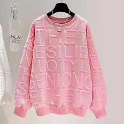 Women Autumn Chic Loose O-Neck Letter Sweat Loose Solid Casual All-Match Lantern Sleeve Top Youth Vitality Sport Sweet Pullover