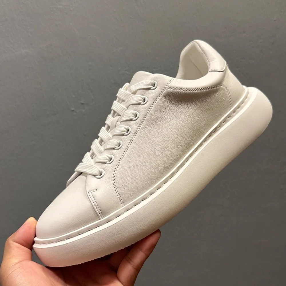 QHCCID Men's Casual Sneakers Genuine Leather Thick Bottom Heightening Fashion Lightweight Sports Shoes