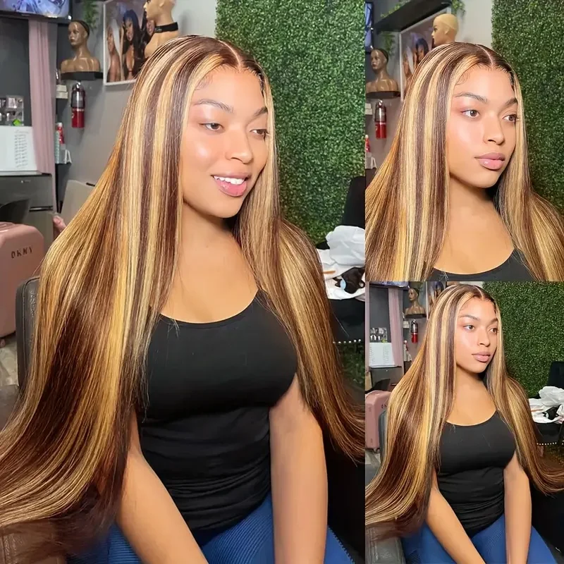 Honey Blonde Straight Lace Front Wig, Highlight Wig, 100% Human Hair, Brésilien, 5x5 Lace Closure Wig, 13x4, 13x6