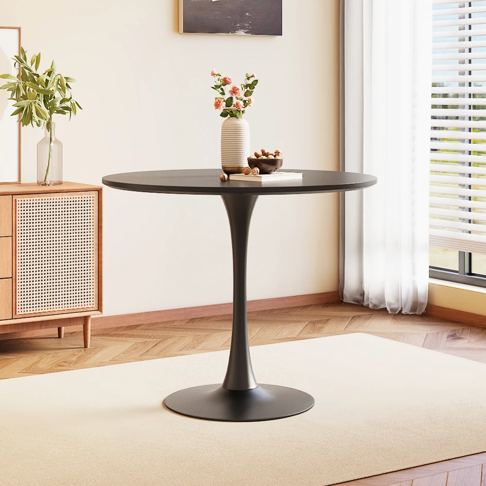Voltsify Modern Round Wooden Table with Metallic Base, 90cm Dia x 73cm H