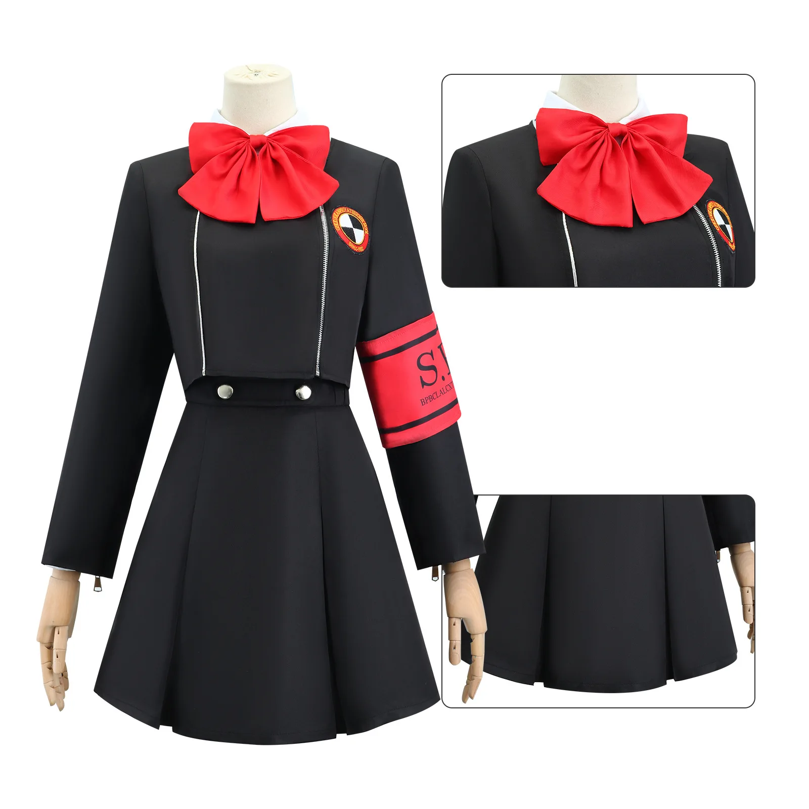 ゲーム「ペルソナ3」のアイギスのコスプレ衣装。学園制服風の刺繍入りスーツ、スカート、シャツ。普段使いにも適した服装。
