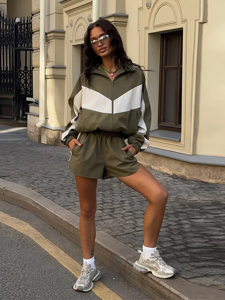 Damen-Shorts 2-teiliges Set Stehkragen Laternenärmel Reißverschluss-Jacken Elastische Taille Kurze Hosen Schicke Damen Paneel-Loose-Anzüge – Detail 10