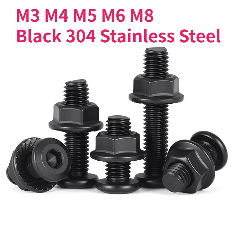 M3 M4 M5 M6 M8 Black 304 Stainless Steel Allen Hex Hexagon Socket Large Flat Head Screw Bolt And Flange Nut Combination Set