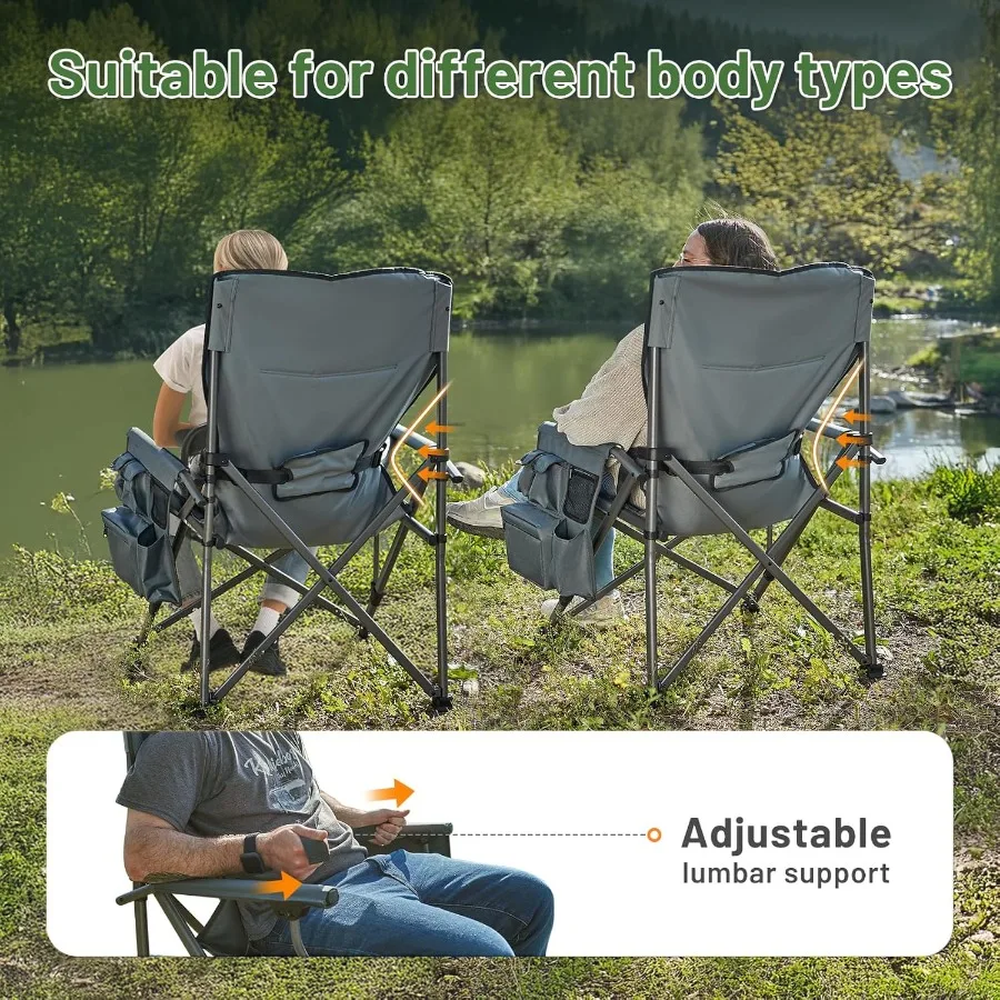 كرسي تخييم كبير الحجم قابل للطي مع دعم قطني قابل للتعديل عالي الظهر شديد التحمل للبالغين يدعم ما يصل إلى 500 رطل مع كوب Ho #4