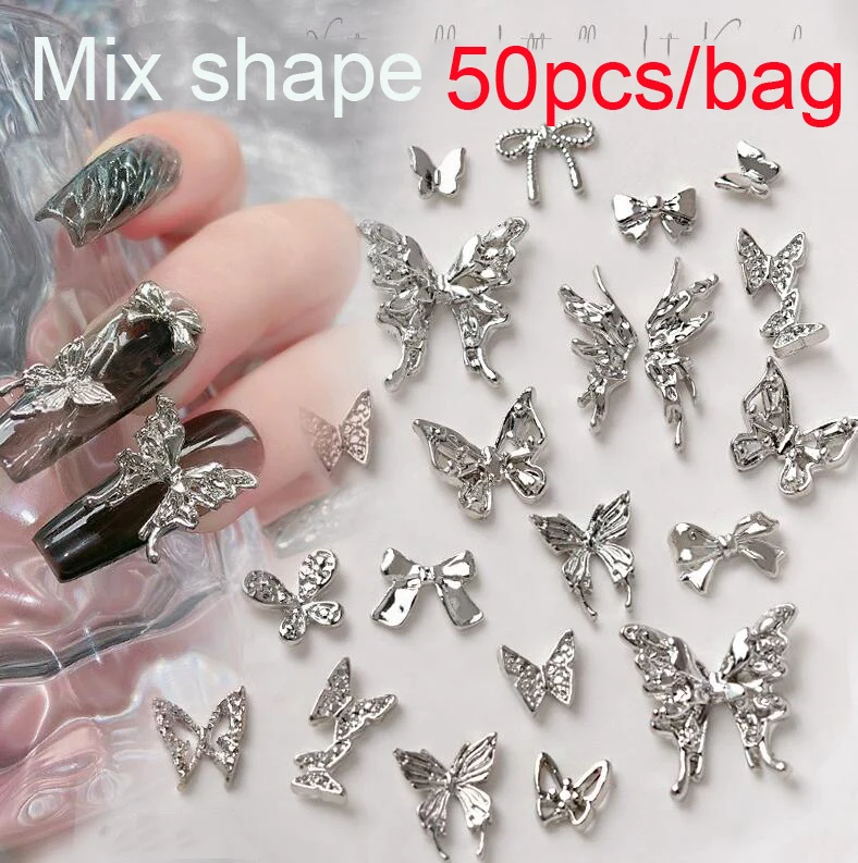 50pcs Retro Silver Alloy Bow Nail Charms Luxury Ribbon Butterfly Wings Y2K Metal Nail Art Rhinestones Decor Manicure Accessories