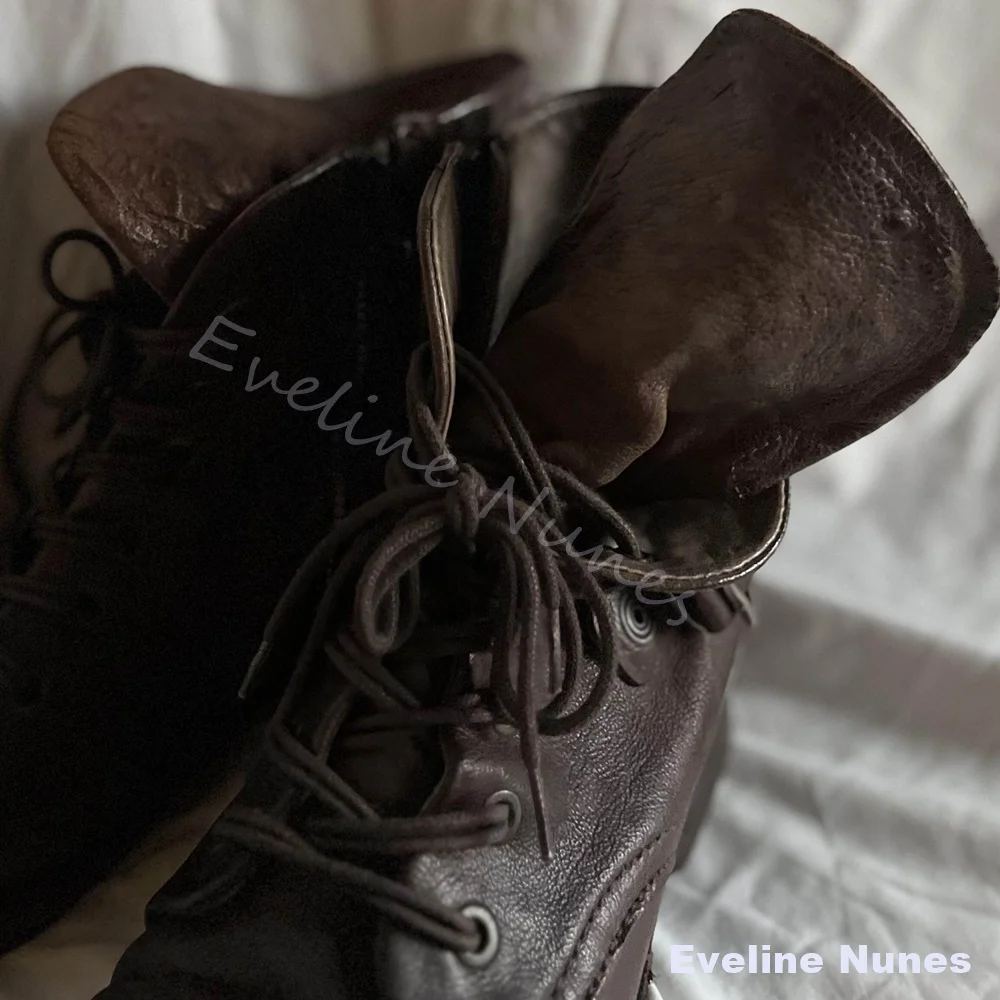 Brown Leather Distressed Vintage Biker Boots Men Front Lace Up Buckle Strap Western Motorcycle Boots Rock-punk Engineer Boots