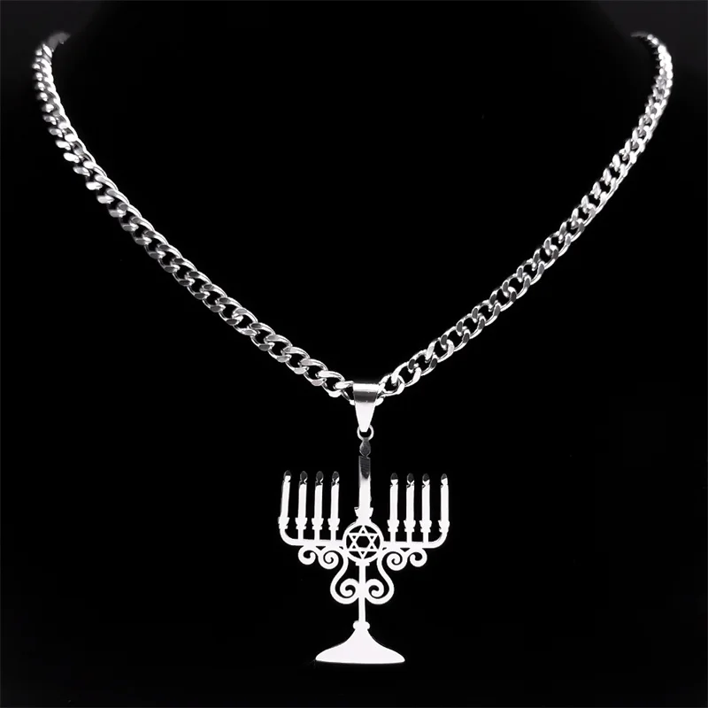 Jewish Menorah Star Of David Necklace for Women Men Stainless Steel Judaism Hebrew Faith Lamp Hanukkah Amulet Necklaces Jewelry