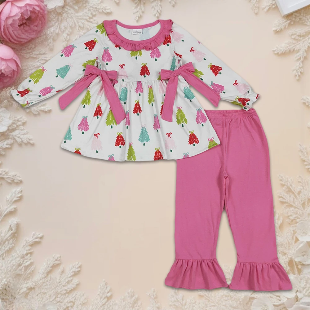 

Toddler Baby Girls Clothes Christmas Sets Infant Kids Long Sleeve Bows Trees Tunic Tops Pink Cotton Ruffles Pants Cute Clothing