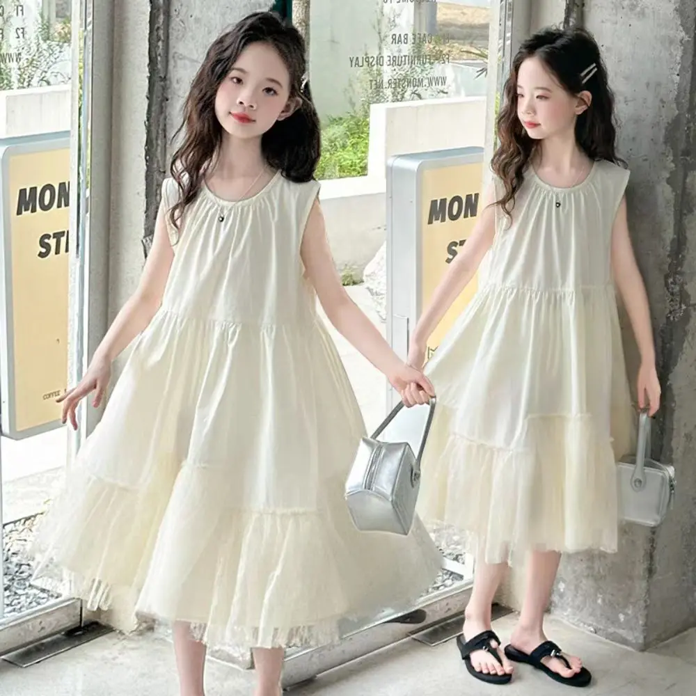 

Elegant Loose Girls Sleeveless Dress Lace Mesh Pleated Summer Kids Dresses Sweet Teenagers Children Princess Dress Students