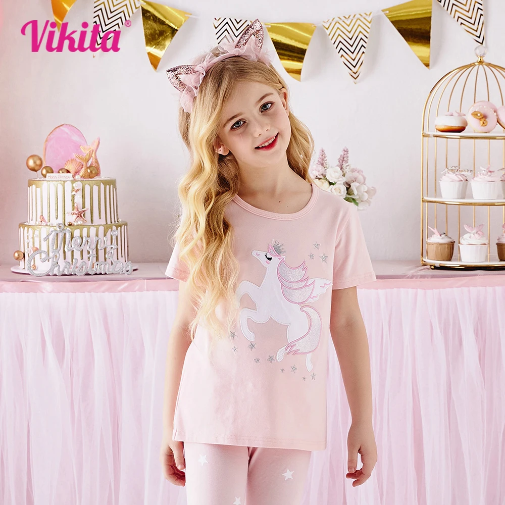 VIKITA Kids Cotton Casual Daily Short Sleeve Summer T Shirt Girls Licorne Cartoon Print Pink Tops and Tees Children Clothing