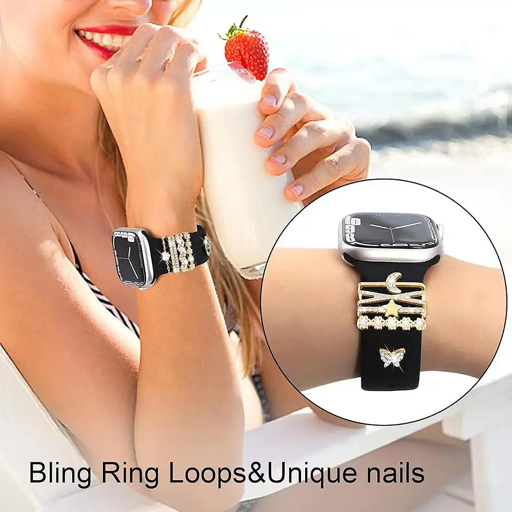 Compatible with Watch Silicone Strap Butterfly Metal Stud Charm Set Personalized Wristband Decorative DIY Accessory