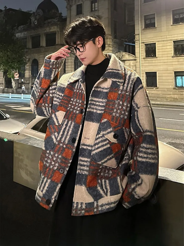 

Men's Winter Woolen Jaet Plaid American Retro Sle Casual Loose Fit Coat Youth Trendy lin Fabric Windproof Long Sve