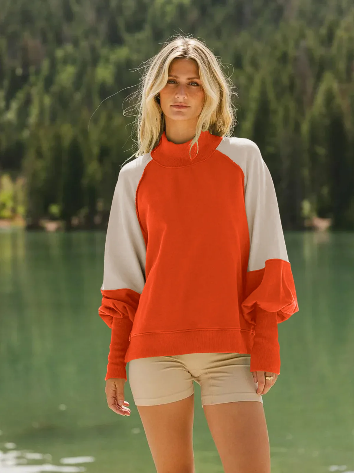 

Свитшот в стиле колорблок с рукавами-фонариками, повседневный свитшот с воротником-стойкой, уникальный городской шикарный пуловер