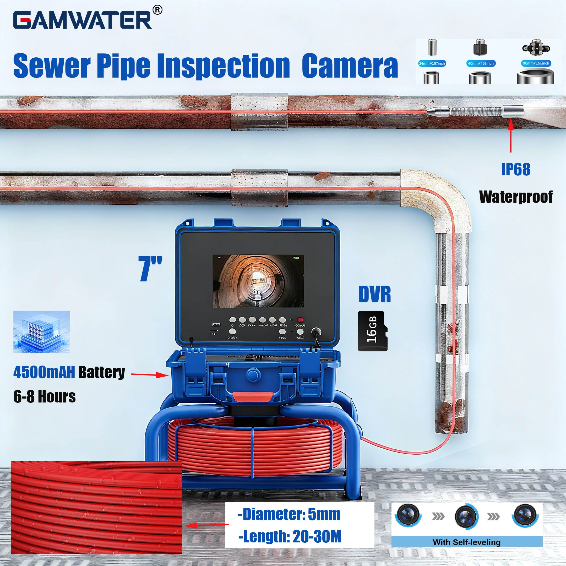 

GAMWATER ​Professional 7" Drain Camera System 12 LED Lights 4500mAh Battery DVR Meter Counter 5MM 20/30 Cable Kit​