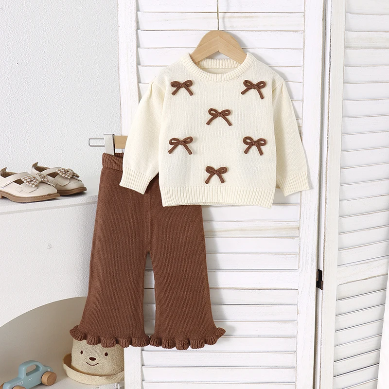 Baby Clothes Set Knit Newborn Girl Sweater Long Sleeve Pants Autumn Infant Kid Pullover Fashion 3D Bows Trousers Solid Tops 2PCS