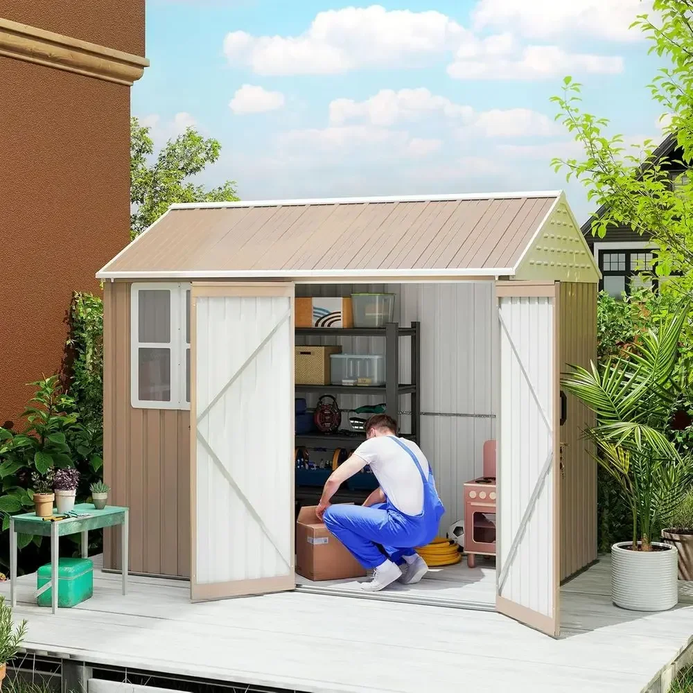 8ft x 6ft Outdoor Storage Shed, Metal Garden Shed with Window & Double Lockable Door, Ideal for Tools, Patio, Lawn, and Garage,