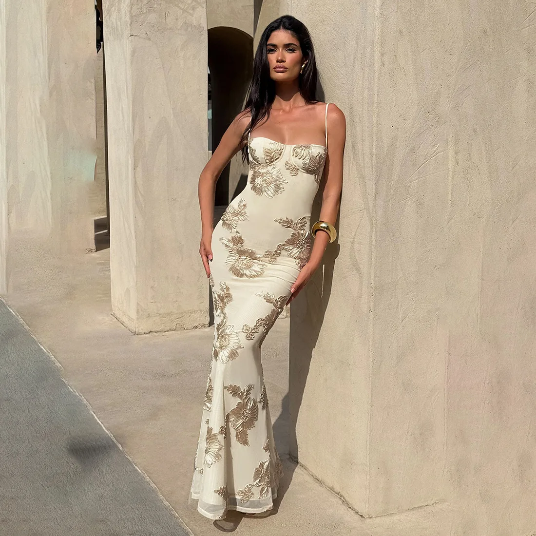 Elegante kanten patchwork stereoscopische print temperament slingjurk mode elegante losse casual mouwloze rugloze lange rok