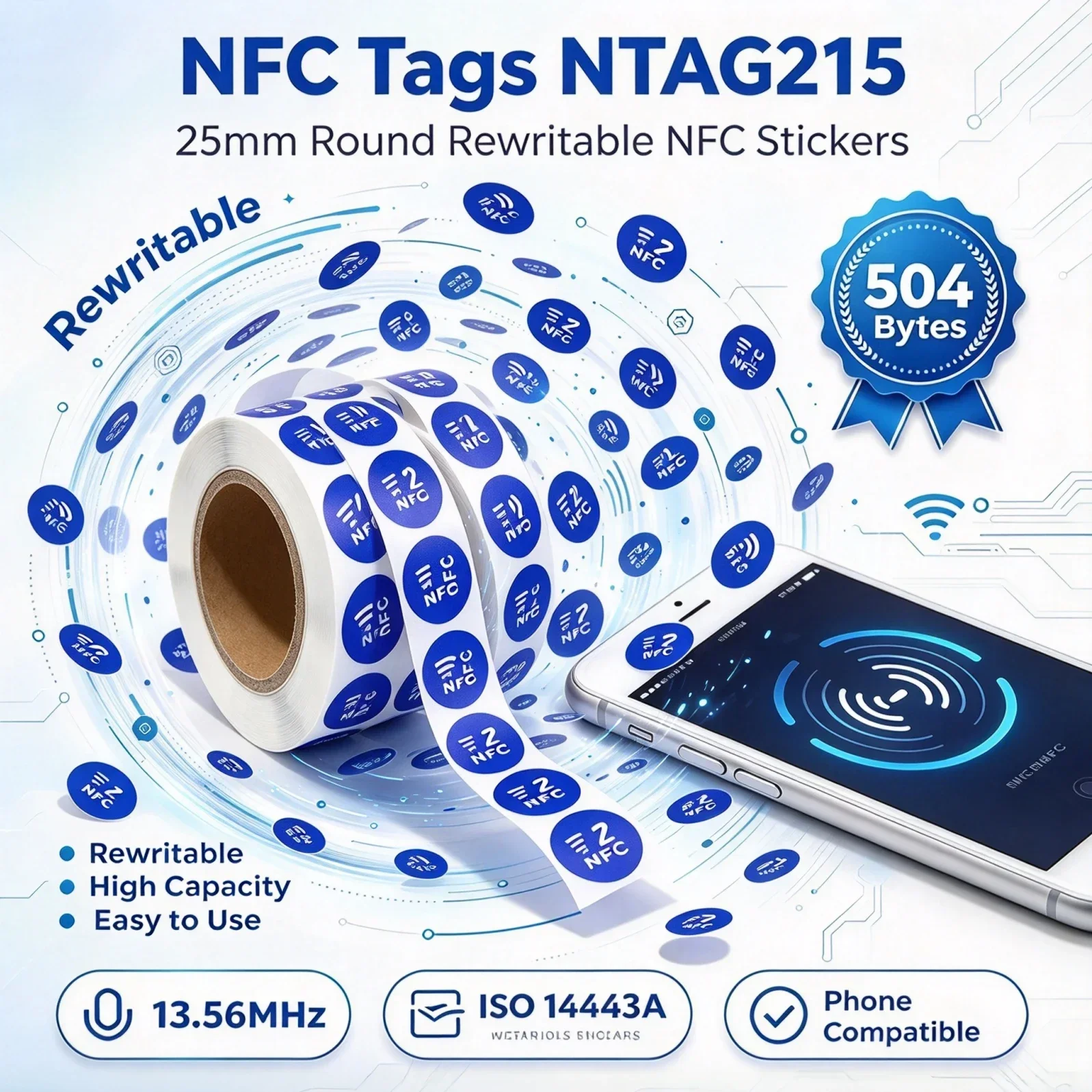 13.56MHz ISO14443A Rewritable 504  DIXSG Blue NTAG215 Blank NFC Tag Sticker Bytes Self-Adhesive RFID Label For Smart NFC Phones
