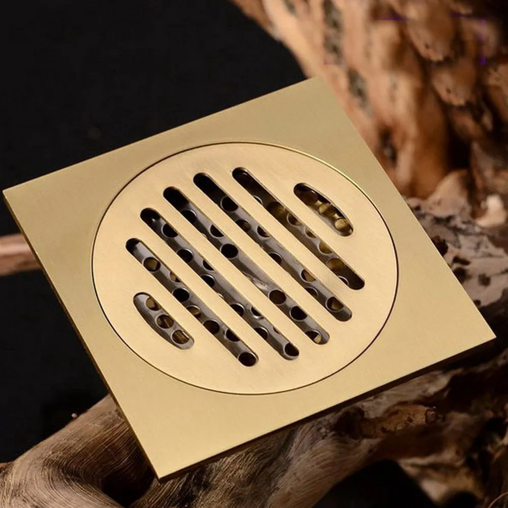10x10cm Antique Brass Brushed Floor Drain Bathroom Kitchen Shower Roon Porch Square Floor Waste Drain Nhr008