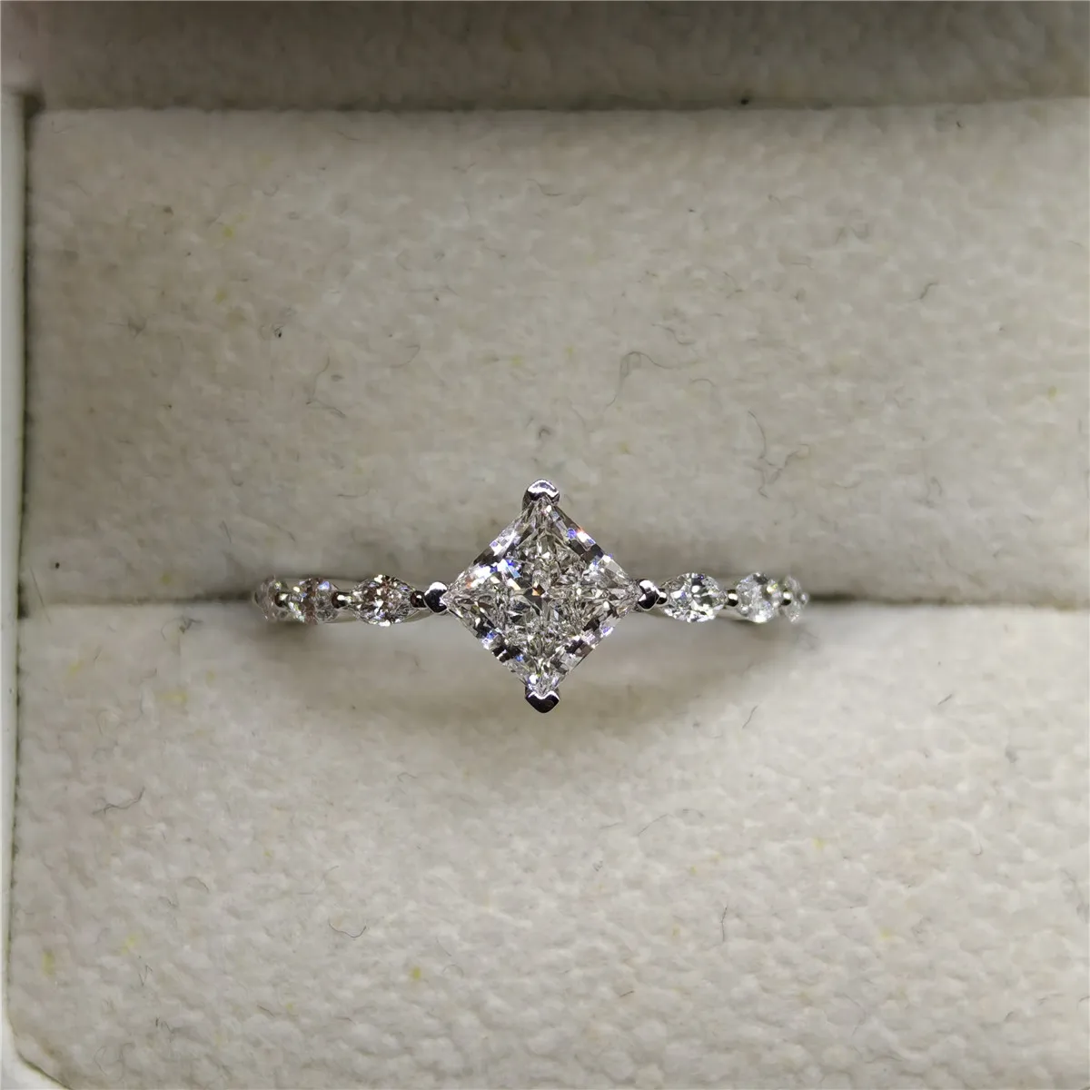 14K White Gold Lab-Grown Diamond 1CT Princess Cut with 6 Marquise Cut Accent Stones Engagement Ring, High-End Jewelry Wedding