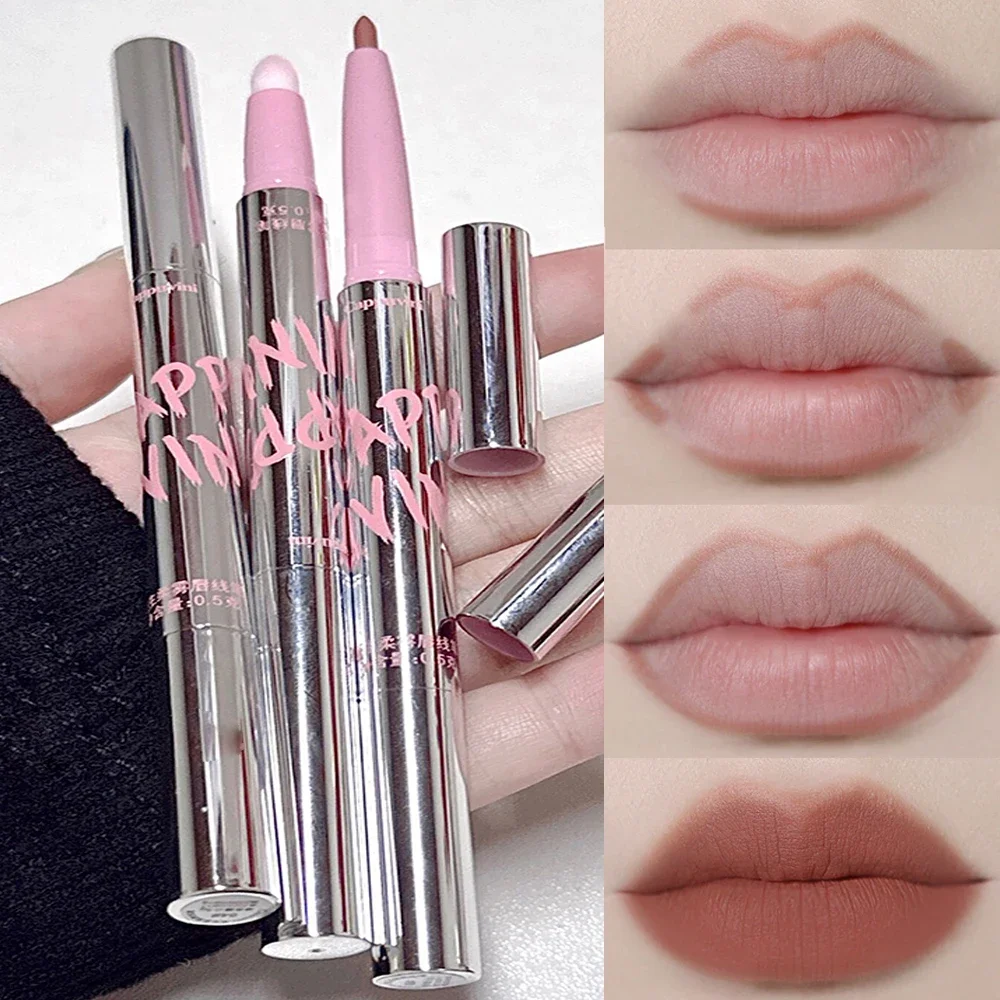 Waterproof Double-end Matte Lipliner Pencil with Brush Sexy Red Contour Tint Lipstick Lasting Lipliner Pen Lips Makeup Cosmetic