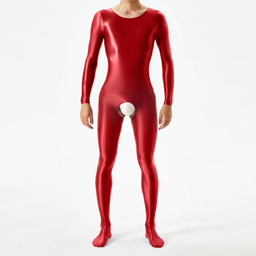 Men\'s Oil Glossy Bodystockings Long Sleeve Jumpsuits Crotchless Bodysuit Underwear Lingerie Man Nightwear