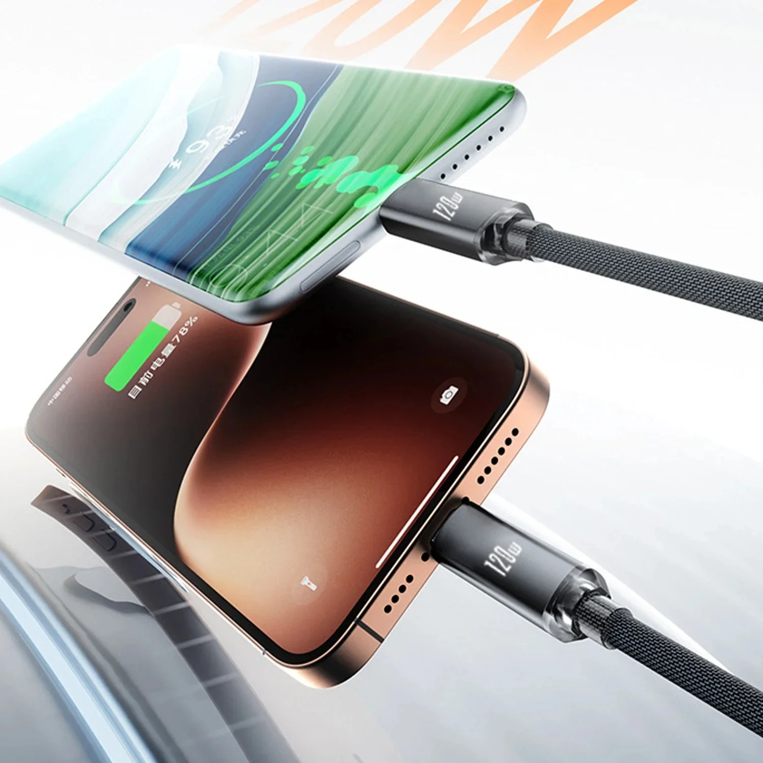 120W USB C to Type C Fast Charge Spring Cable Retractable Car Charger Data Cord for iPhone 17/16/15 Samsung Xiaomi Type C Phones
