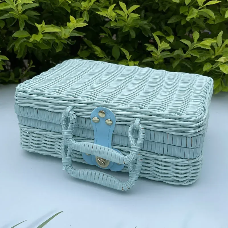 Portable PP Rattan Baskets Picnic Storage Basket Retro Wicker Suitcase Woven Hand Gift Box Sundries Cosmetic Organizer Boxs