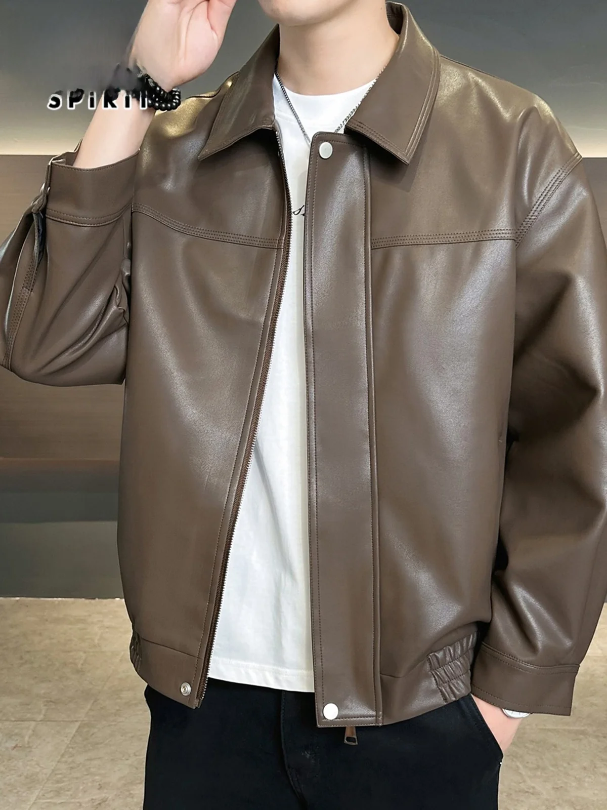 

Trendy Loose American Sle Men's Leather Jaet Stand Collar Zipper Casual Long Sve Autumn Outerwear for Youth