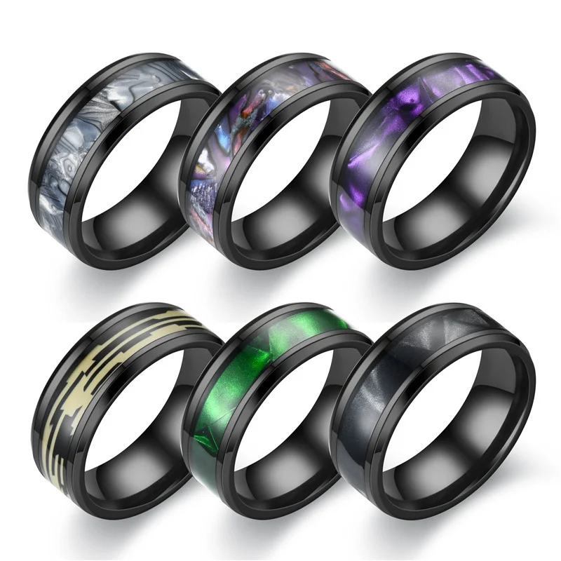 Vintage 8mm Black Stainless Steel Ring for Men Inlay Abalone Shell Rings Wedding Band Jewelry Casual Finger Ring Lovers Gifts