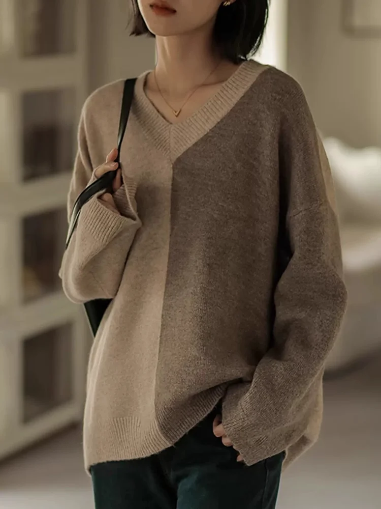 Women's Cashmere Sweater Long Sleeve V-Neck Pullover Loose Knitted Bottoming Top for Autumn Winter Color Matching