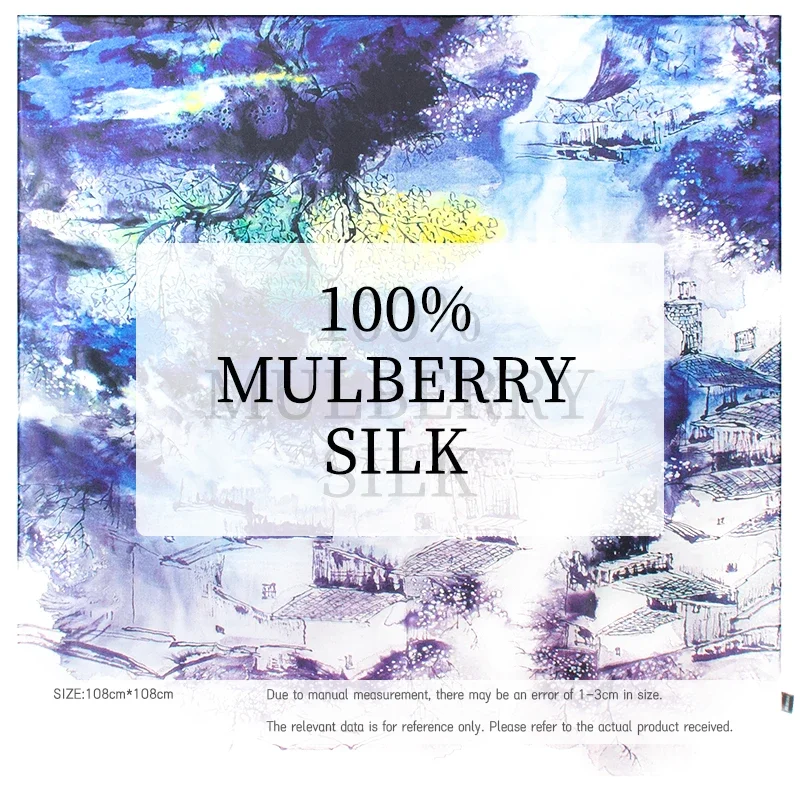 Women's 100% Pure Mulberry Silk Scarf Blue Watercolor Landscape Soft Square Shawl Large Fashion Wrap in Silk Fabric