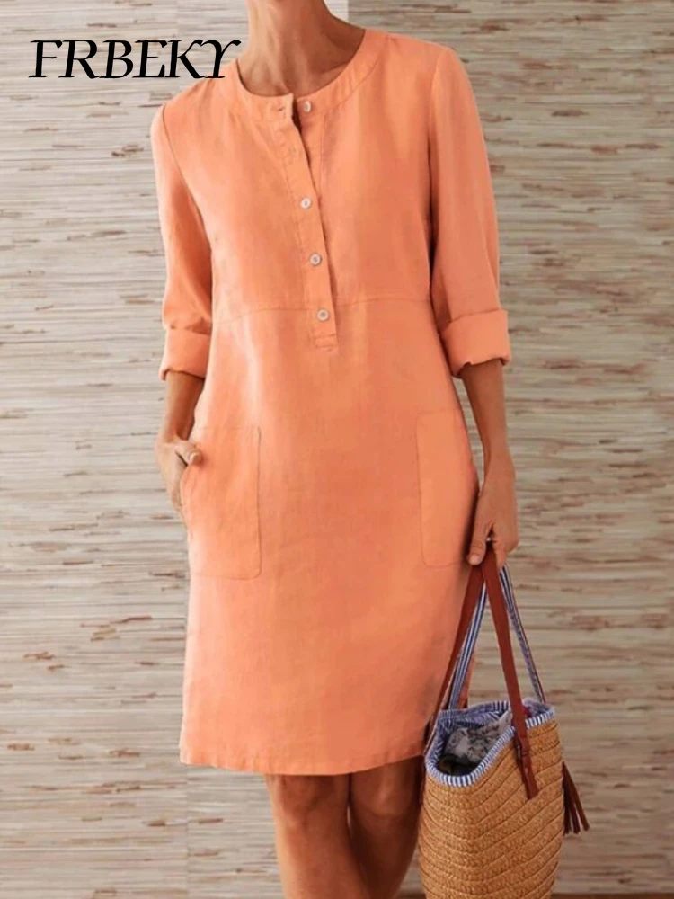 White Dress Spring Solid Color Casual Round Neck Long-sleeved Dress Cheap Casual Women's Dresses Loose Elegant Ladies Clothes