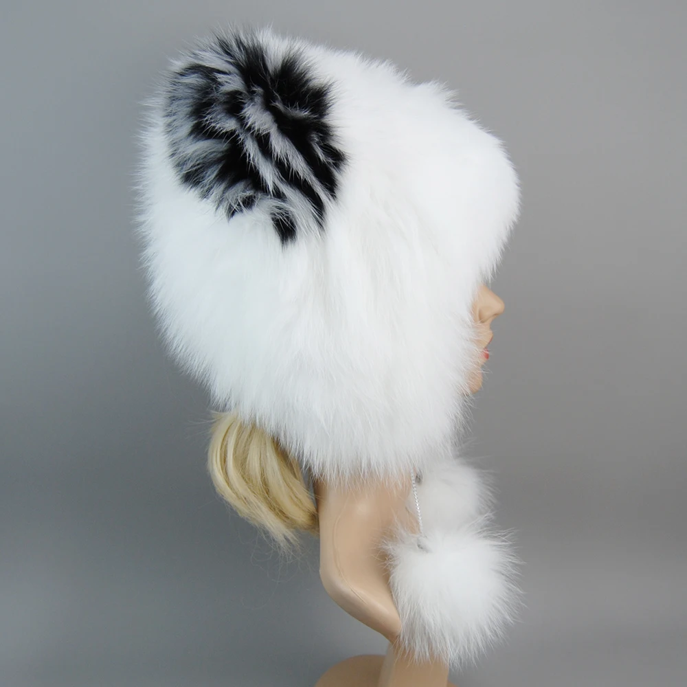 Russian Female Beanies Natural Fox Fur Hat Knitted Skullies Beanies Women's Cap Real Fox Fur Pompom Bomber Winter bonnet Hat