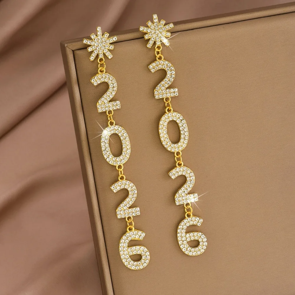 Elegant Design 2026 Earrings Sophisticated Style Vintage Aesthetic New Year Earrings Digital Pattern Shiny Rhinestone