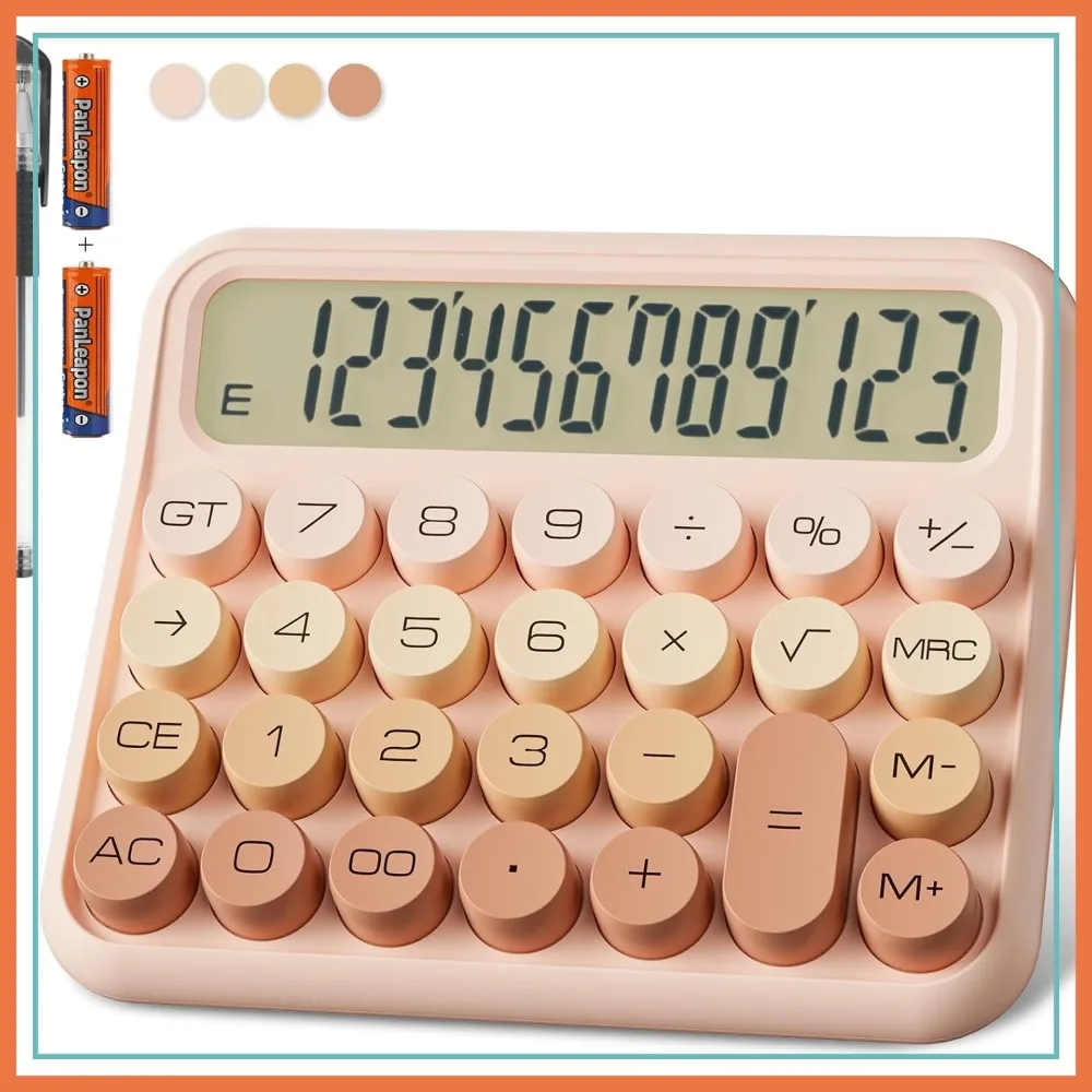 

12-Digit Mechanical Calculator with Large LCD Display, Big Buttons, Battery Powered, 15° Tilt Screen for Office and Home (Pink)