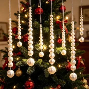 White Christmas Tree Ornaments Home Decor Pearl Drop Xmas Hanging Pendant Beaded Pearl…