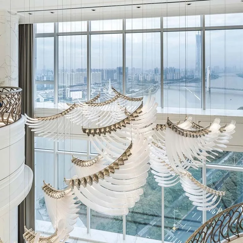 Nordic Glass Luxury Revolving Staircase Feathers designer Chandelier lustre LED Ceiling