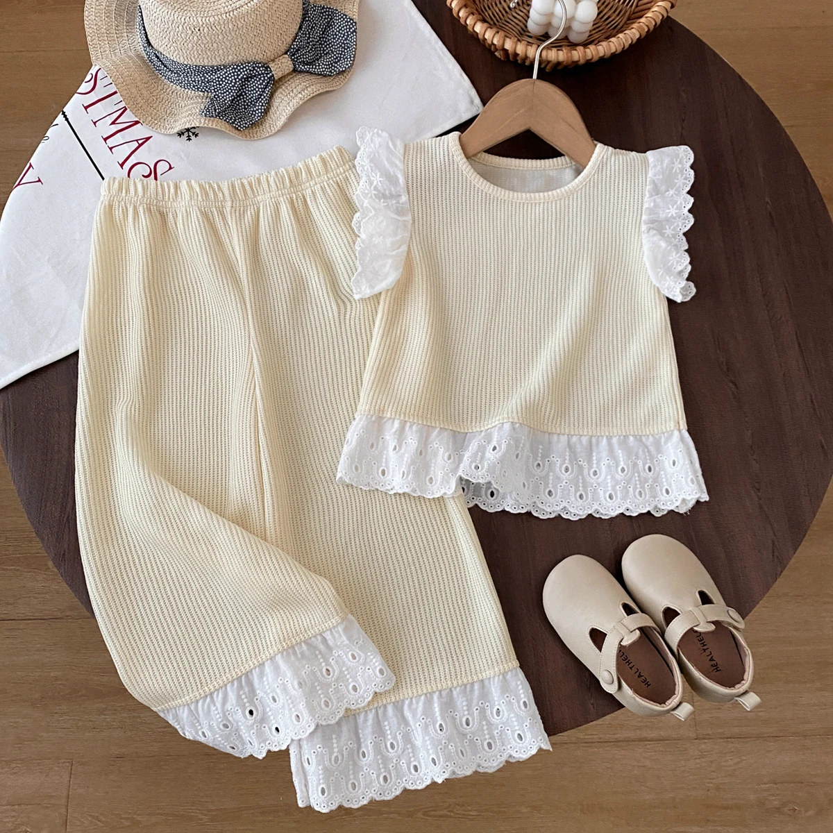 Conjuntos de Roupas para Meninas Verão, Top de Renda Sólido + Calças de Perna Larga, Conjunto de Roupas Infantis 2 Peças