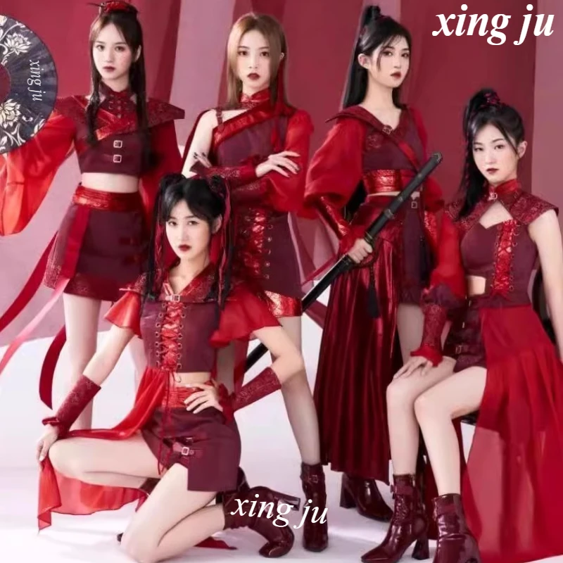 Women Group Kpop Outfits Female Sexy Jazz Dancer Costumes Red Lace-up Tops Irregular Skirt Jazz Clothing Stage Performance Wear