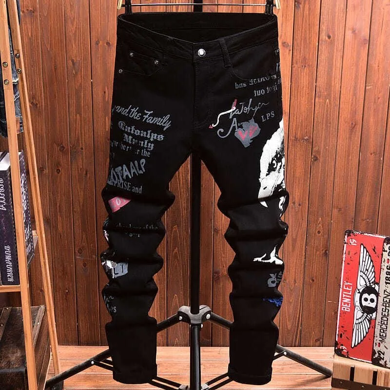 

2025 Spring and Autumn New Fashion Trend Printed Black Straight Leg Jeans Men's Casual Comfort Breathable High Quality Pants