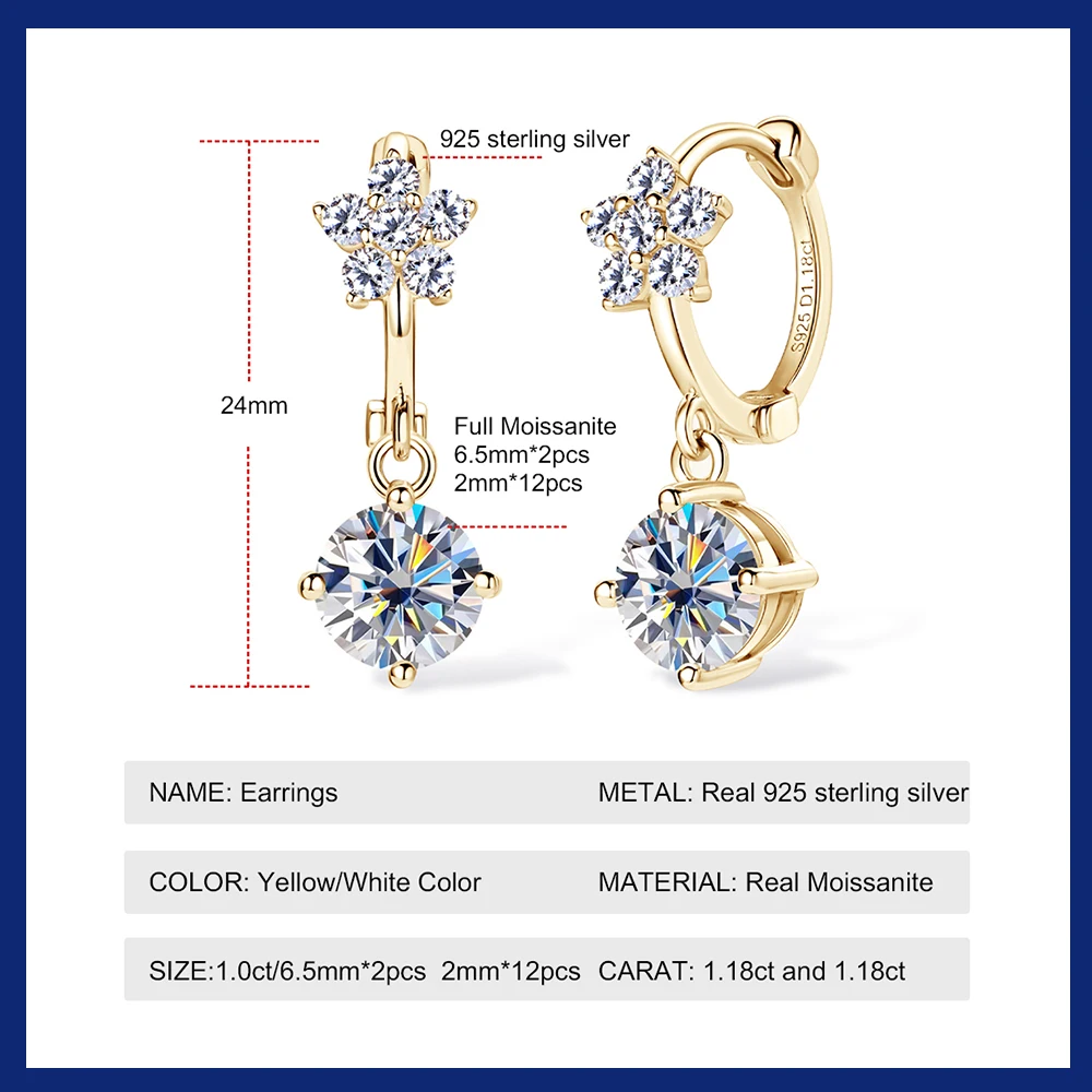 Sweetrain 925 Silver Moissanite Hoop Earrings 2.36 Carat Lab Created Diamond Dangle Earring for Women Girls Fine Jewelry Gifts