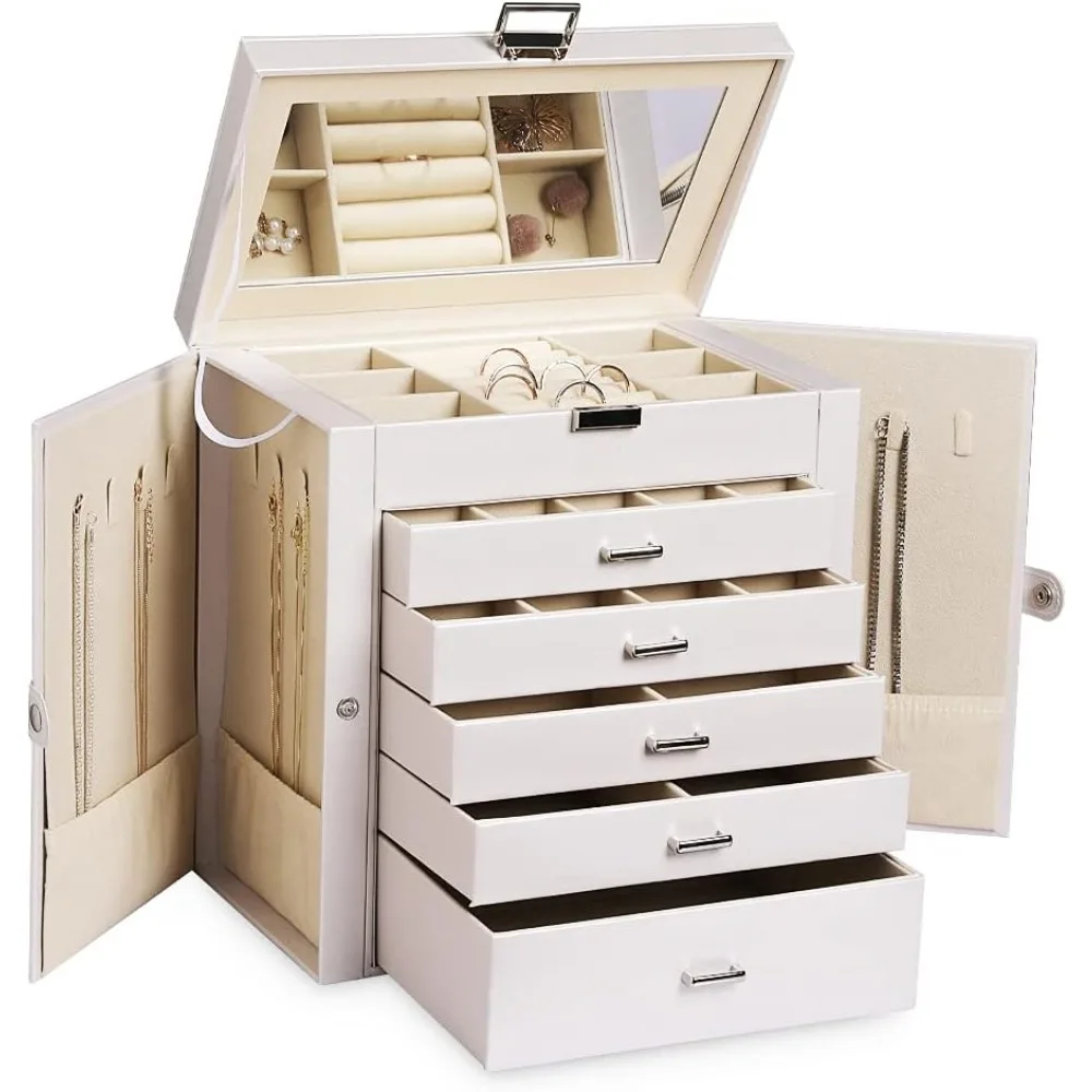 

Jewelry Box,6-Tier PU Leather Jewelry Organizer,Multi-functional Storage Case,Accessories Holder with 5 Drawers (Pearl White)