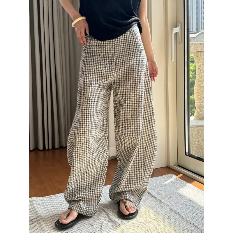 B-TOTO Summer New Japanese Plaid High Waist Design Flax Curved Wide Leg Casual Style Fabric Light Breathable Silhouette Trousers