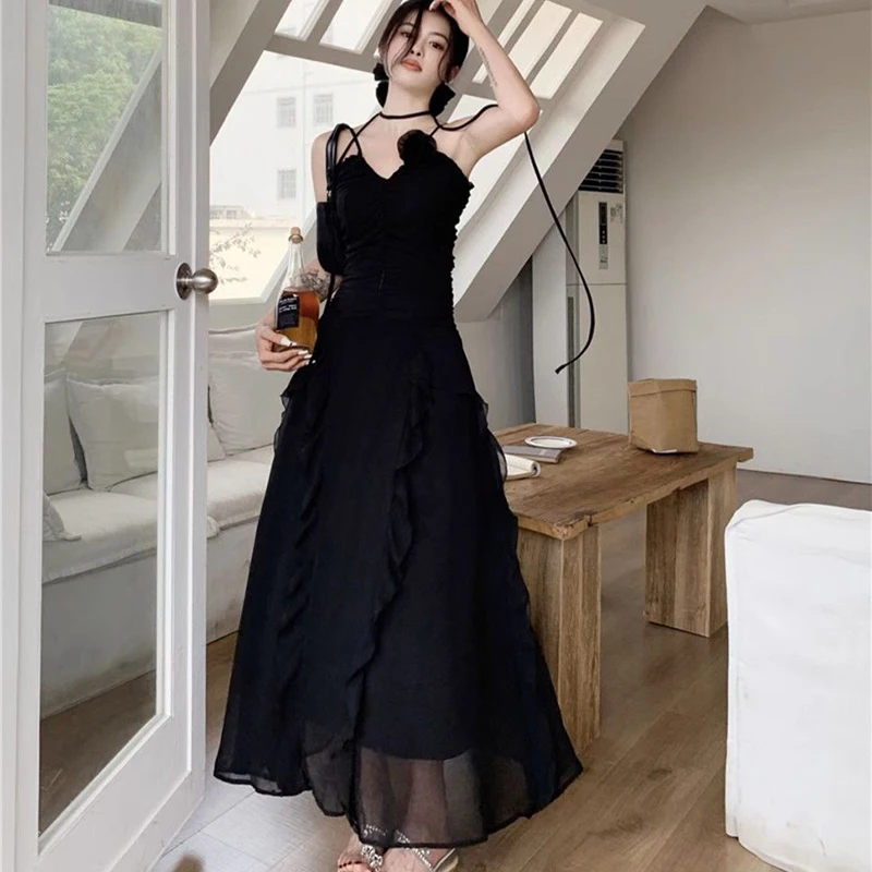 Y2K Spitze Patchwork Camis Kleid Frauen Backless Aushöhlen Plissee Chic EINE Linie Lange Kleid Sexy Unregelmäßigen V-ausschnitt Party Vestidos