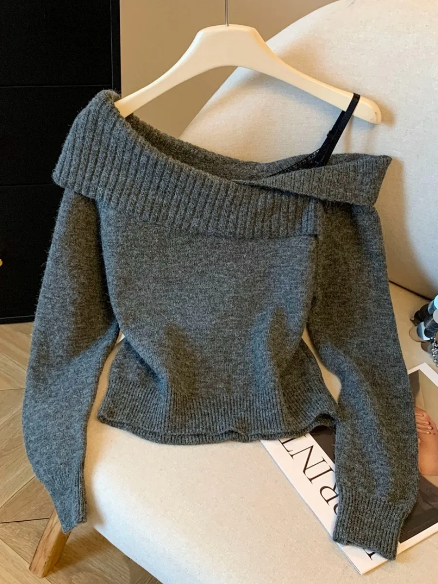 

Корейский облегающий вязаный свитер с кружевными плечами, женский осенне-зимний новый свитер на одно плечо, внутренняя одежда, длинный свек Cre...