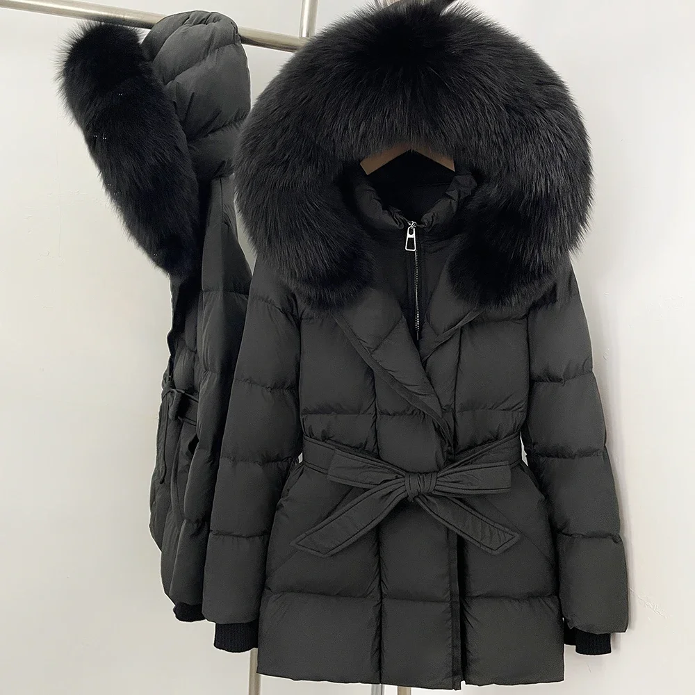 OFTBUY Damen-Winterjacke aus Entendaunen mit großem, natürlichem Fellkragen, Kapuze, Reißverschluss, Gürtel und tailliertem Schnitt, mit Fell für Damen – Detail 8